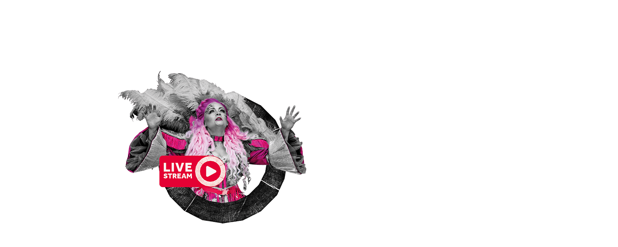 A pink, black and white graphic showing an actor with long, curly hair looking up to the sky
