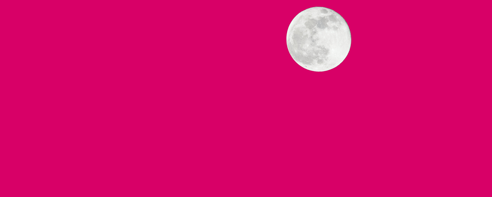 A bright pink background with a full moon