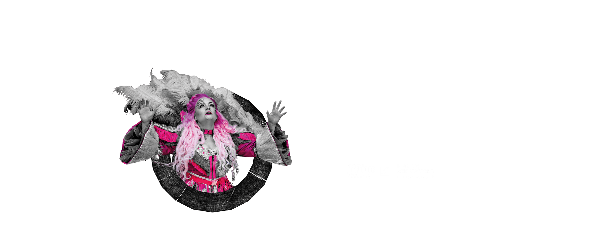 A pink, black and white graphic showing an actor with long, curly hair looking up to the sky