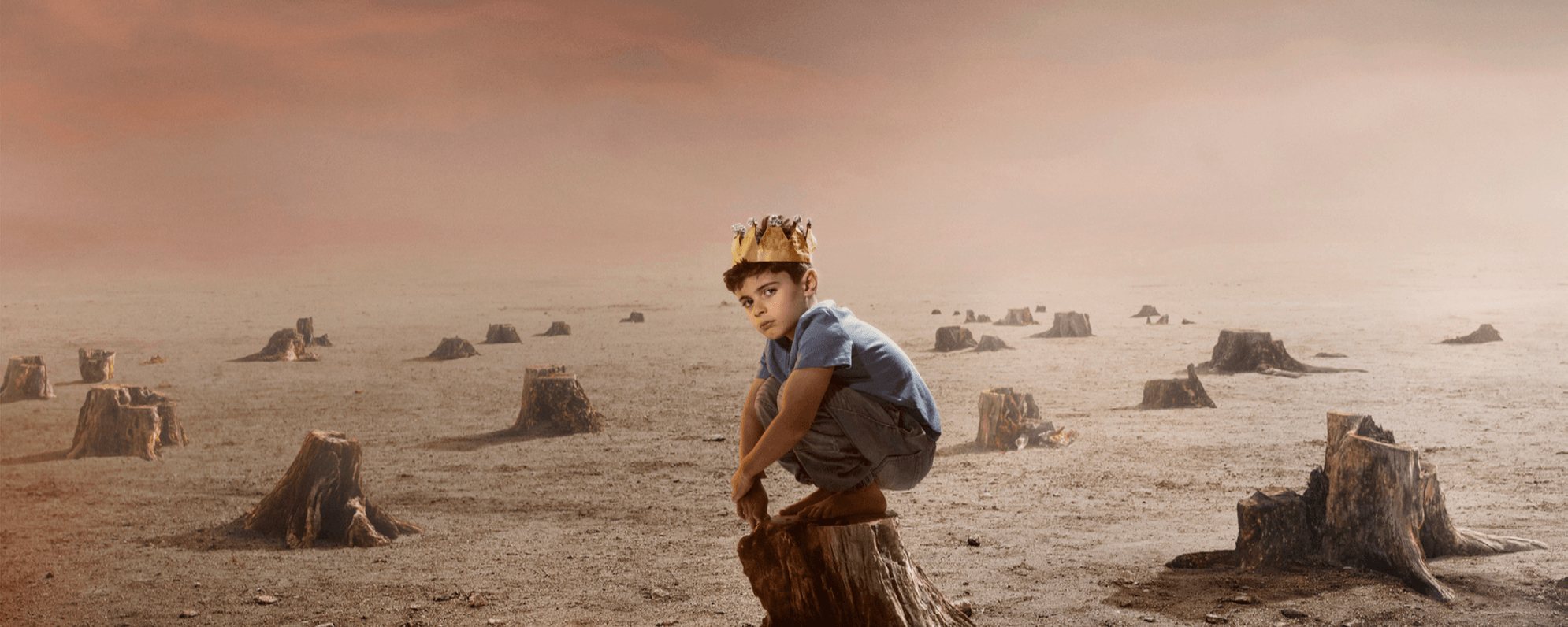 A young boy wearing a gold crown crouches barefoot on a tree stump. He is surrounded by barren land and many other tree stumps.