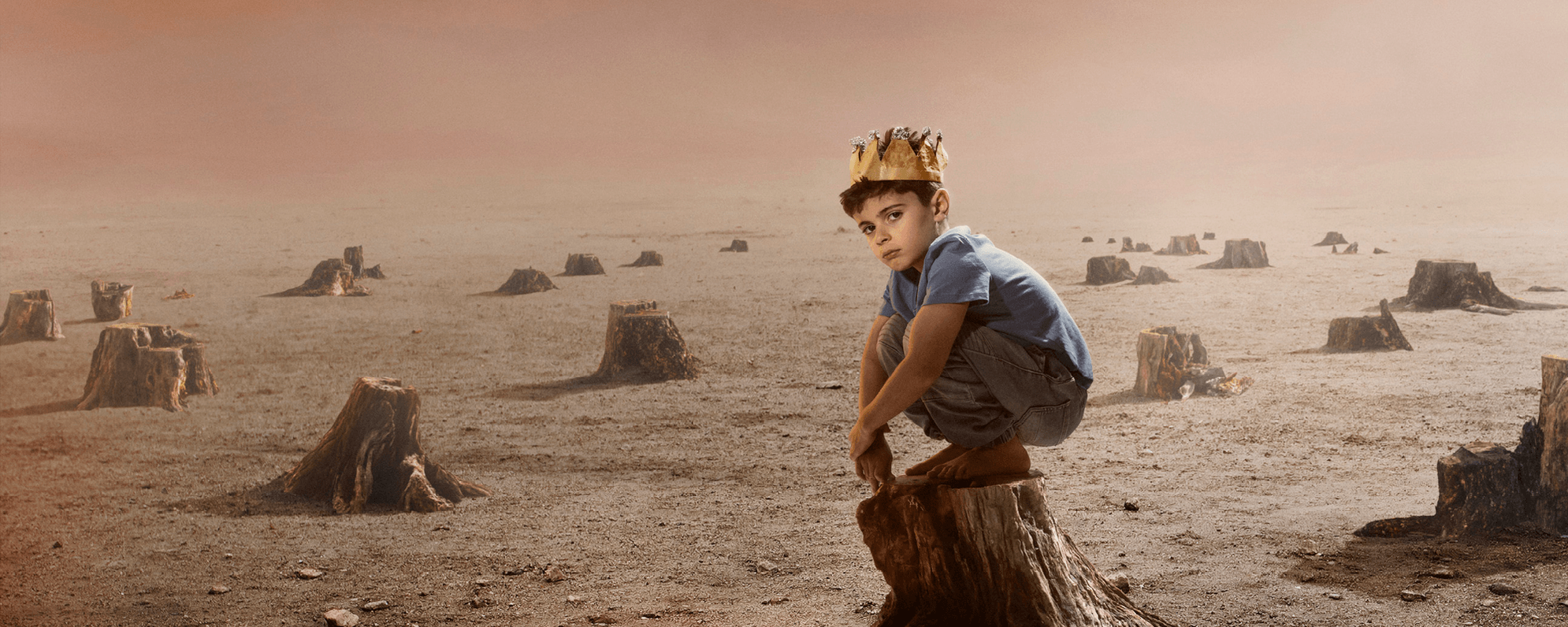 A young boy wearing a gold crown crouches barefoot on a tree stump. He is surrounded by barren land and many other tree stumps.