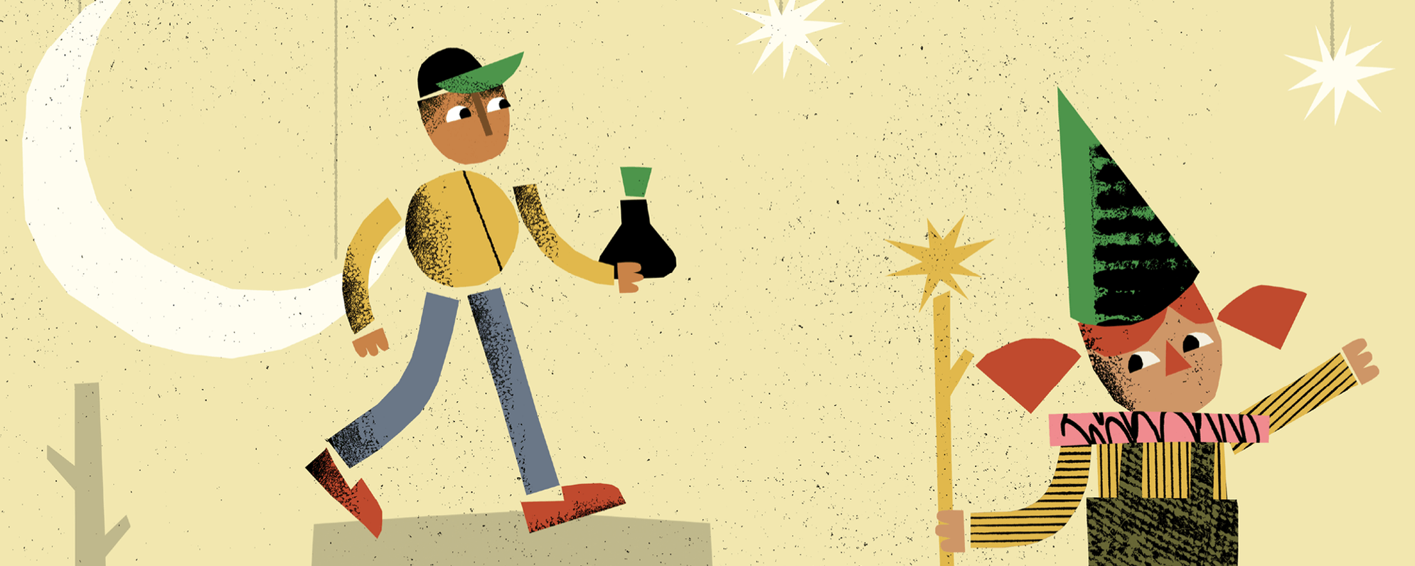 An Illustration aimed at children shows two characters against a starry yellow background. One of them wears a pointed hat and holds a wand.