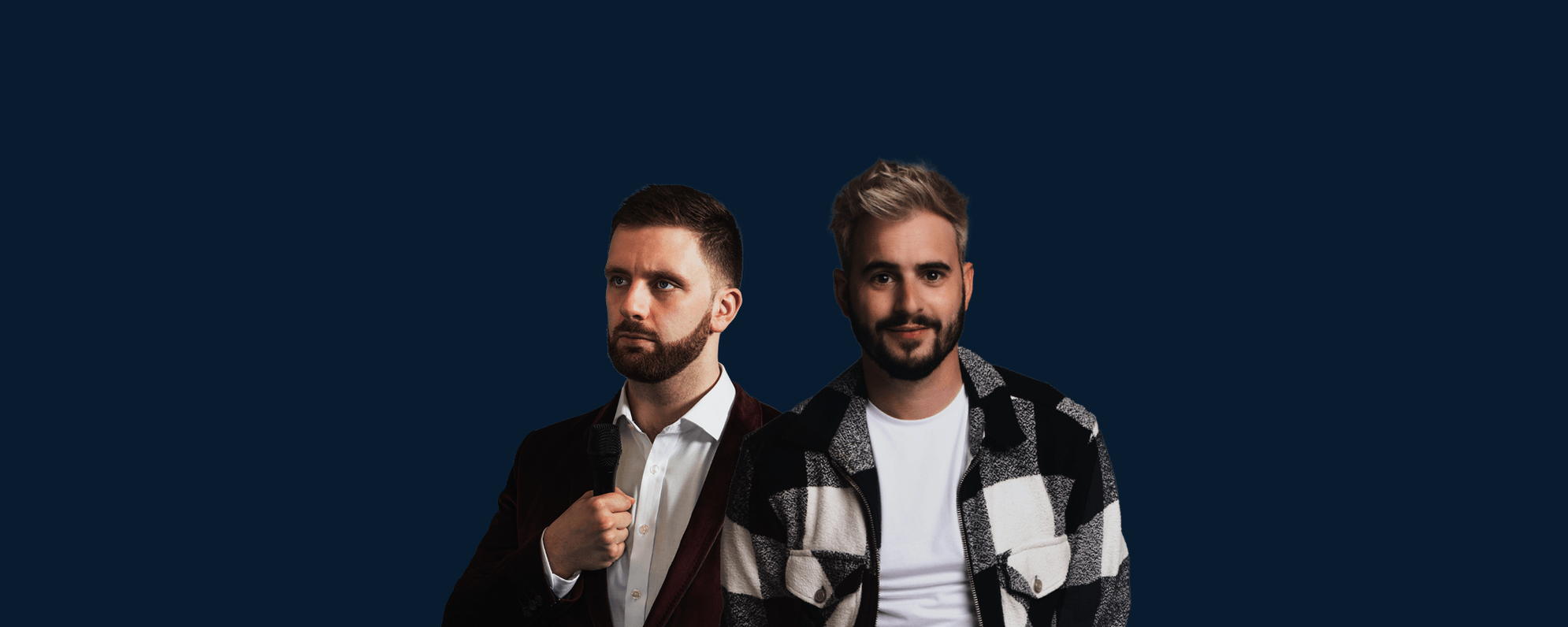 Two men looking forward on a dark blue background
