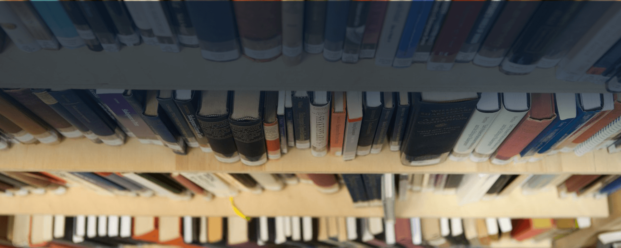 A downward angled shot of library shelves filled with books