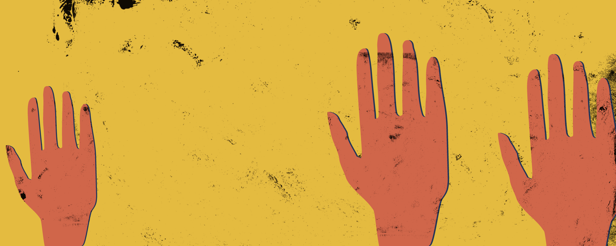 Three graphic hands against a yellow background with black graphic marks.