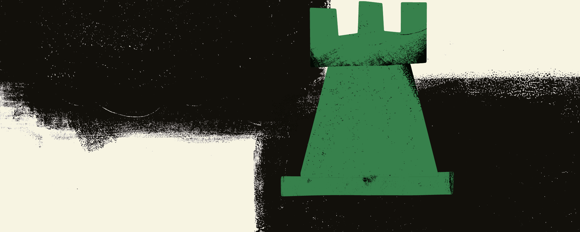 Stylised cartoon of a castle on a black and white checked background.