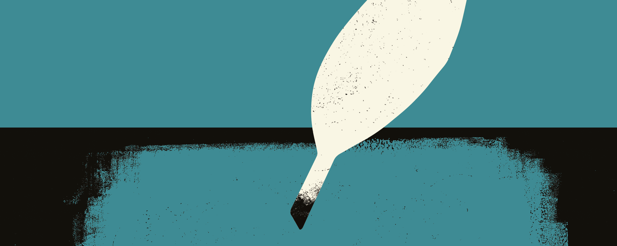 Grungy art-style poster showing a quill on a blue background.