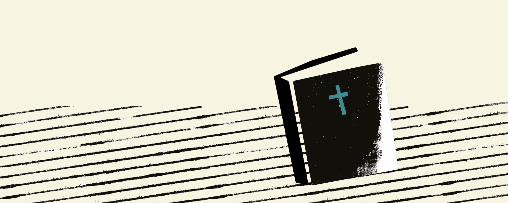 Graphic black bible with blue cross in front of diagonal black lines.
