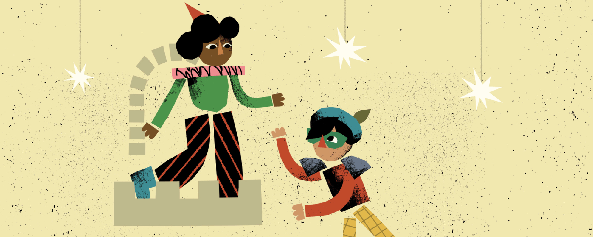 Cartoon graphic of a girl on a balcony and a boy wearing a mask.