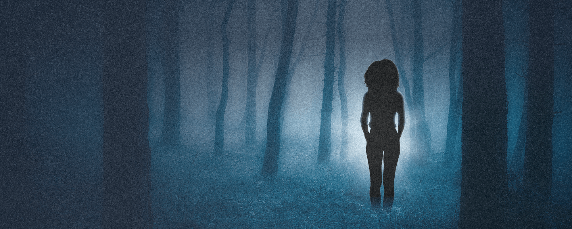 'More...Ghost Stories' show artwork depicts the black silhouette of a woman facing into a foggy, dark-blue forest is created by the halo of a distant light.