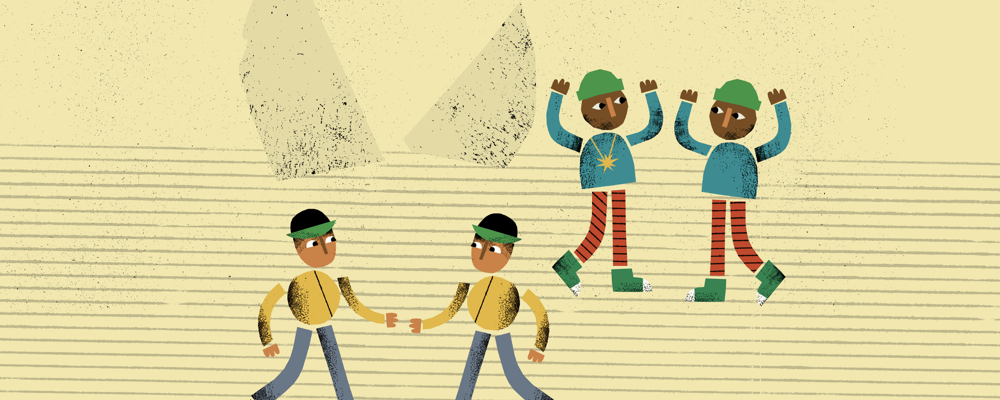Stylised cartoon image of two pairs of twins playing.