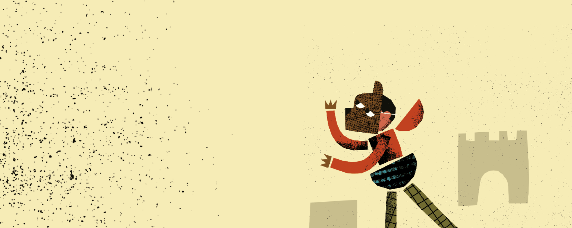 Animation of a child in a bear mask on a pale yellow background with a castle.