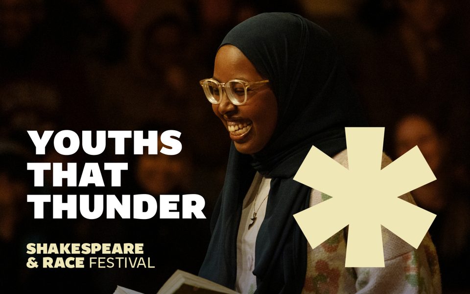 Youths That Thunder. A person wearing a headscarf and glasses smiles in a dimly lit room. A yellow star shape is on top of the image.