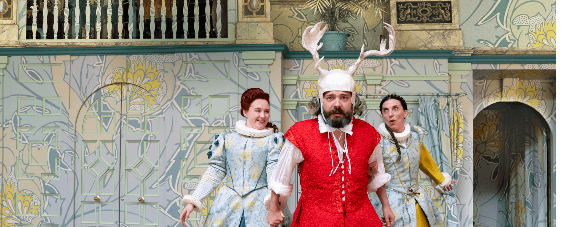 Katherine Pearce, George Fouracres and Emma Pallant as Mistress Ford, Falstaff and Mistress Page from The Merry Wives of Windsor, on stage at the Globe Theatre.
