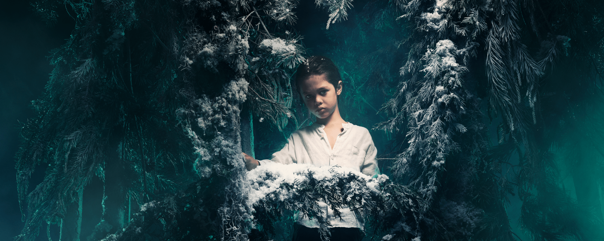 A child stands amongst a forest of tall, snow covered pine trees. It is dark and gloomy.