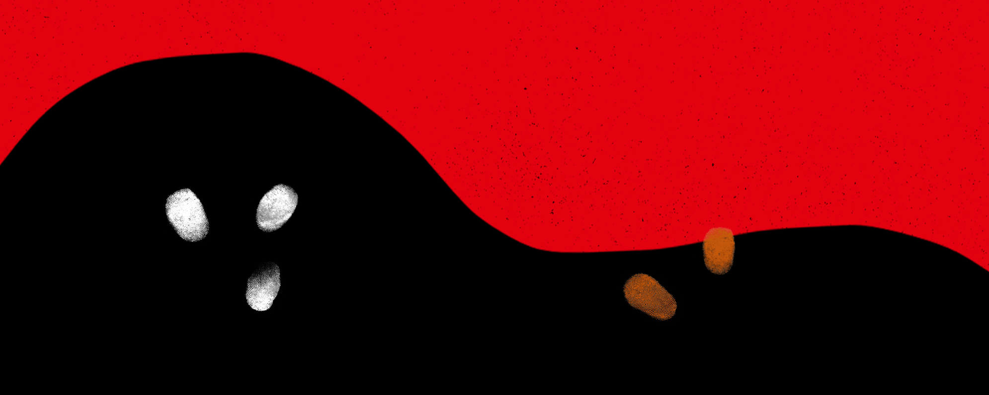 A red and black abstract background with white and brown painted thumb prints.