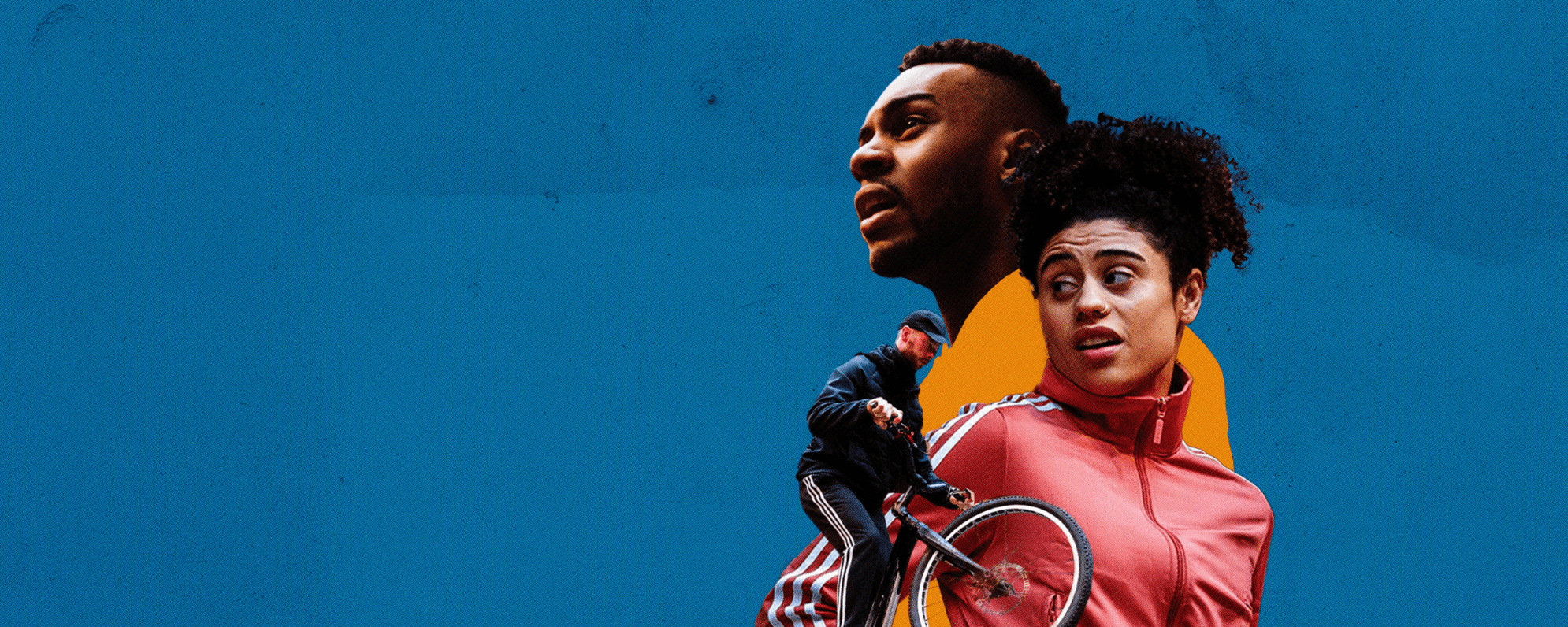 Three people superimposed over a blue background. One of them is riding a BMX bike, one wears a pink tracksuit top, one wears a bright orange top.