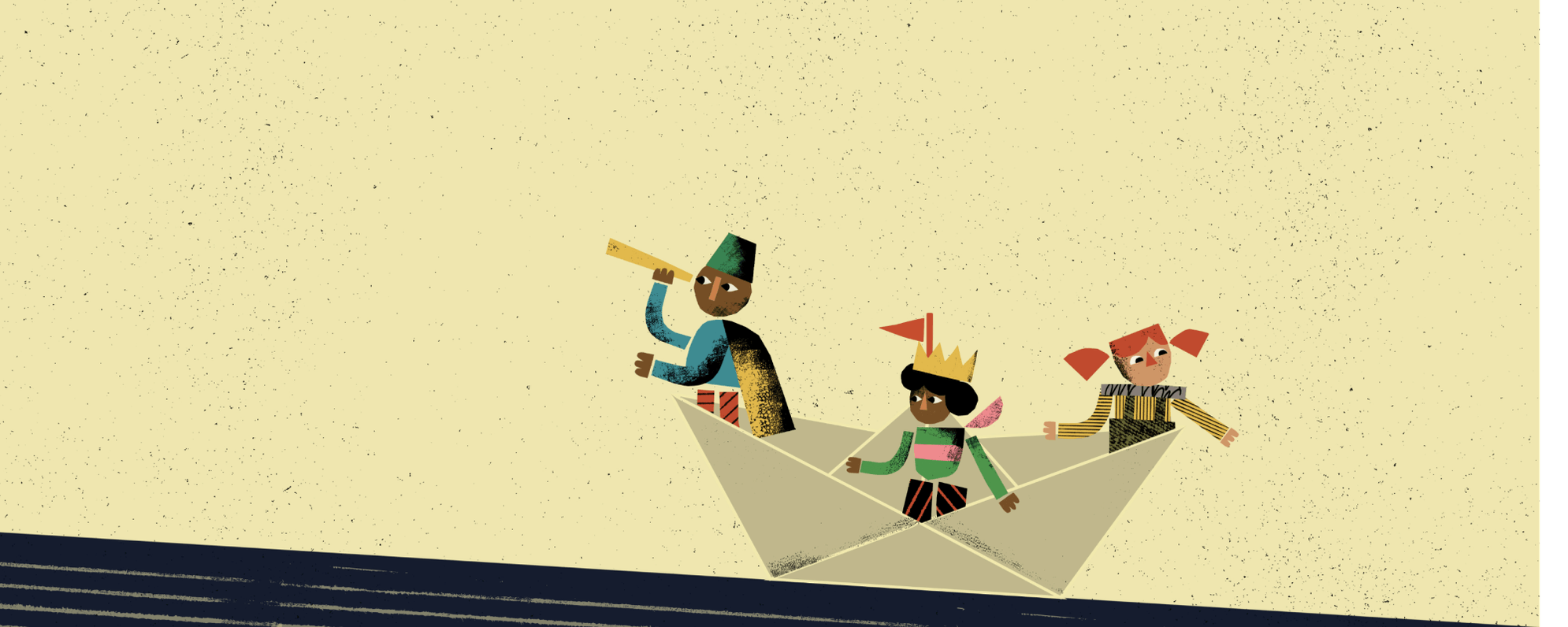 Cartoon-style image showing children sailing in a paper boat