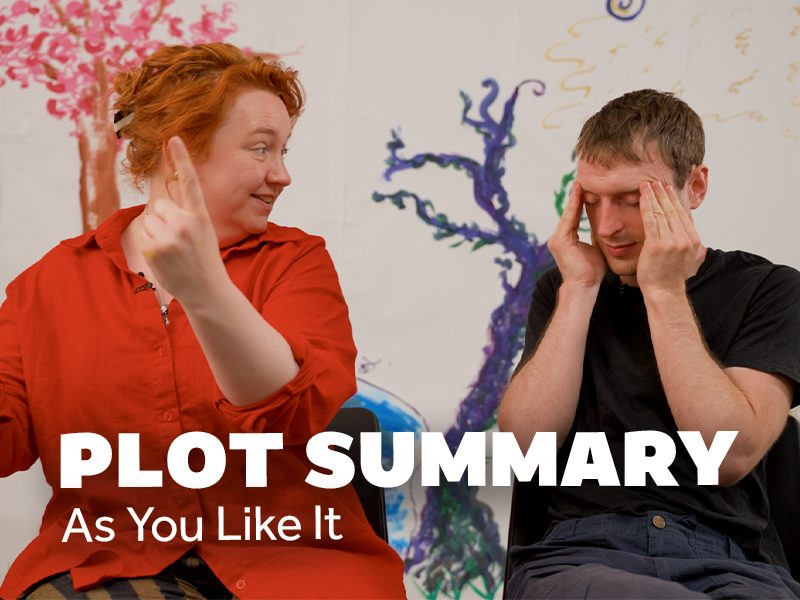 Plot Summary As You Like It. A white woman with red hair, wearing a red shirt points upwards and looks at a white cis man wearing a black t-shirt who has both hands on his temples and his eyes closed. Behind them is a white background with colourful pink and purple painted trees.