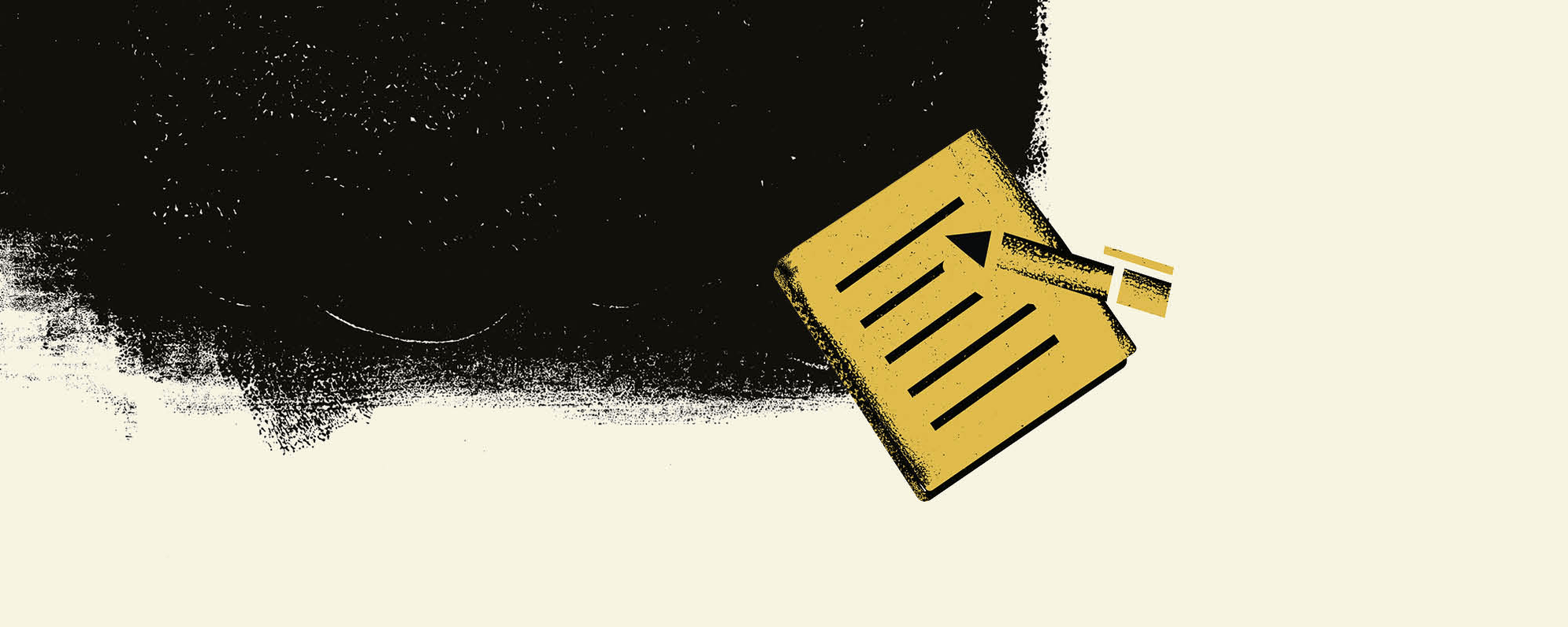 Black and cream background with a yellow notepad and pen illustration.