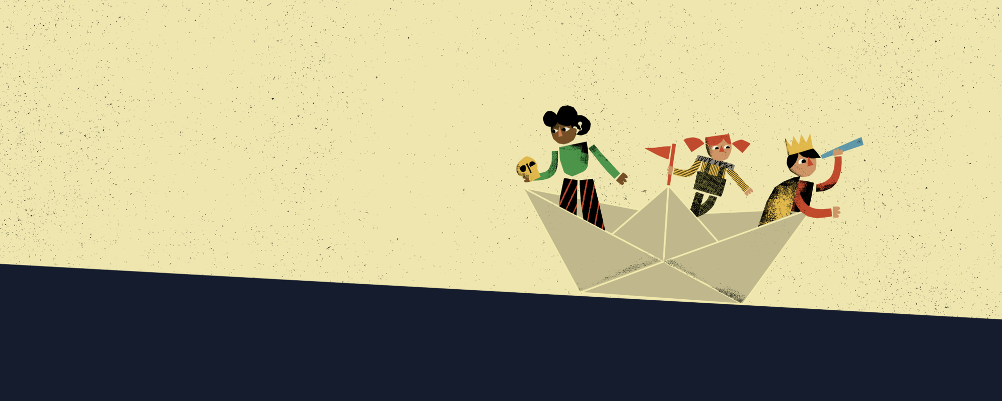 Illustration of three children sailing in a paper boat on a dark blue sea.