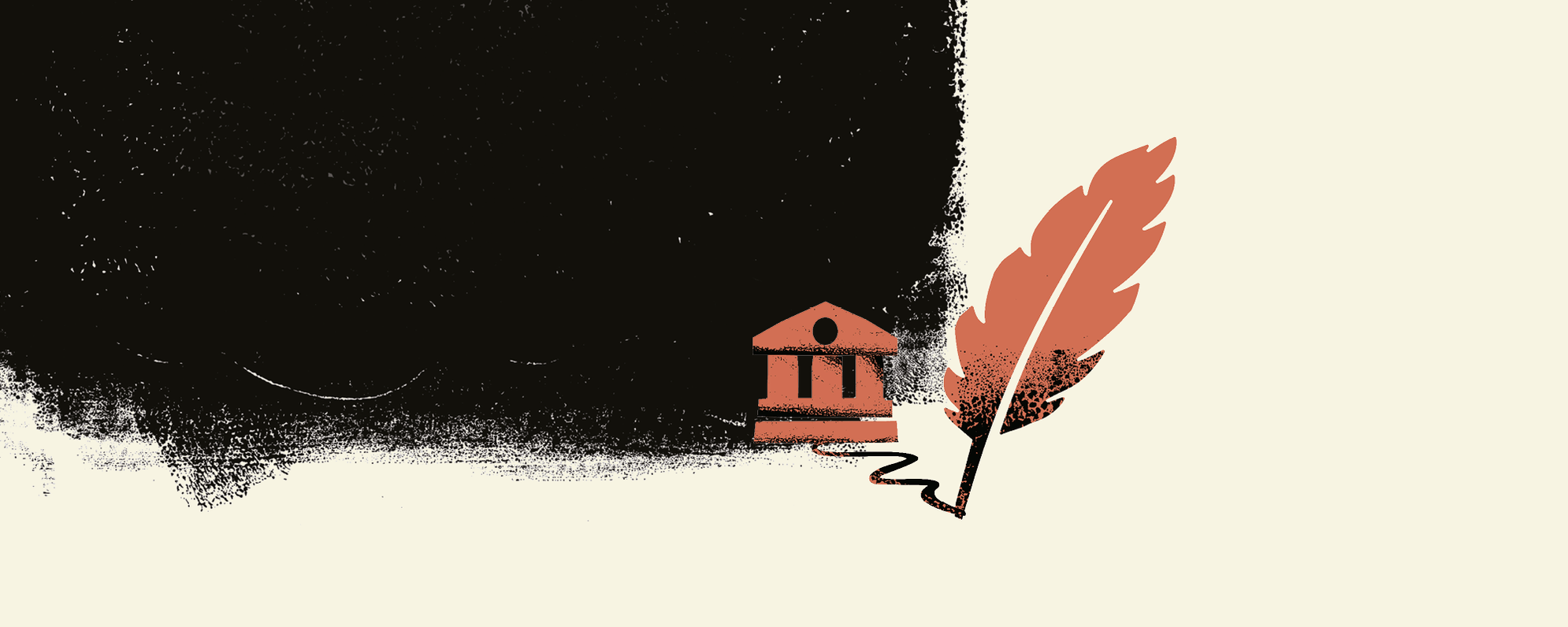 A cream background with a black smudged-effect box. Illustration of a building with columns and a quill.