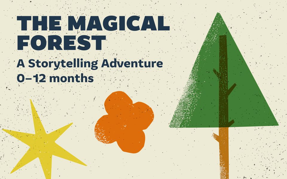 The Magical Forest: A Storytelling Adventure, 0-12 months. Fun stylised art print of a star, a flower and a tree on a cream background.