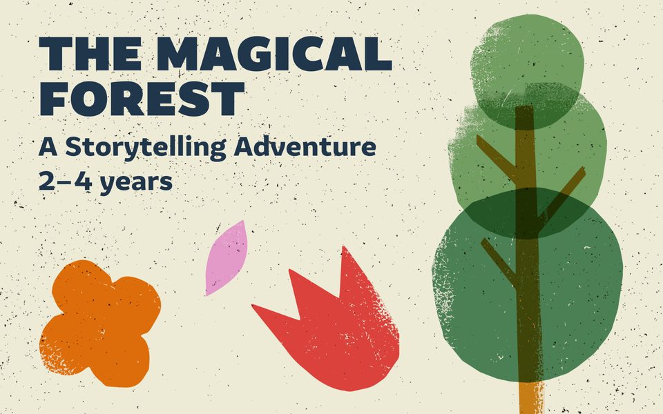 The Magical Forest: A Storytelling Adventure, 2-4 years. Fun stylised art print of a round flower, a leaf, a tulip and a tree on a cream background.