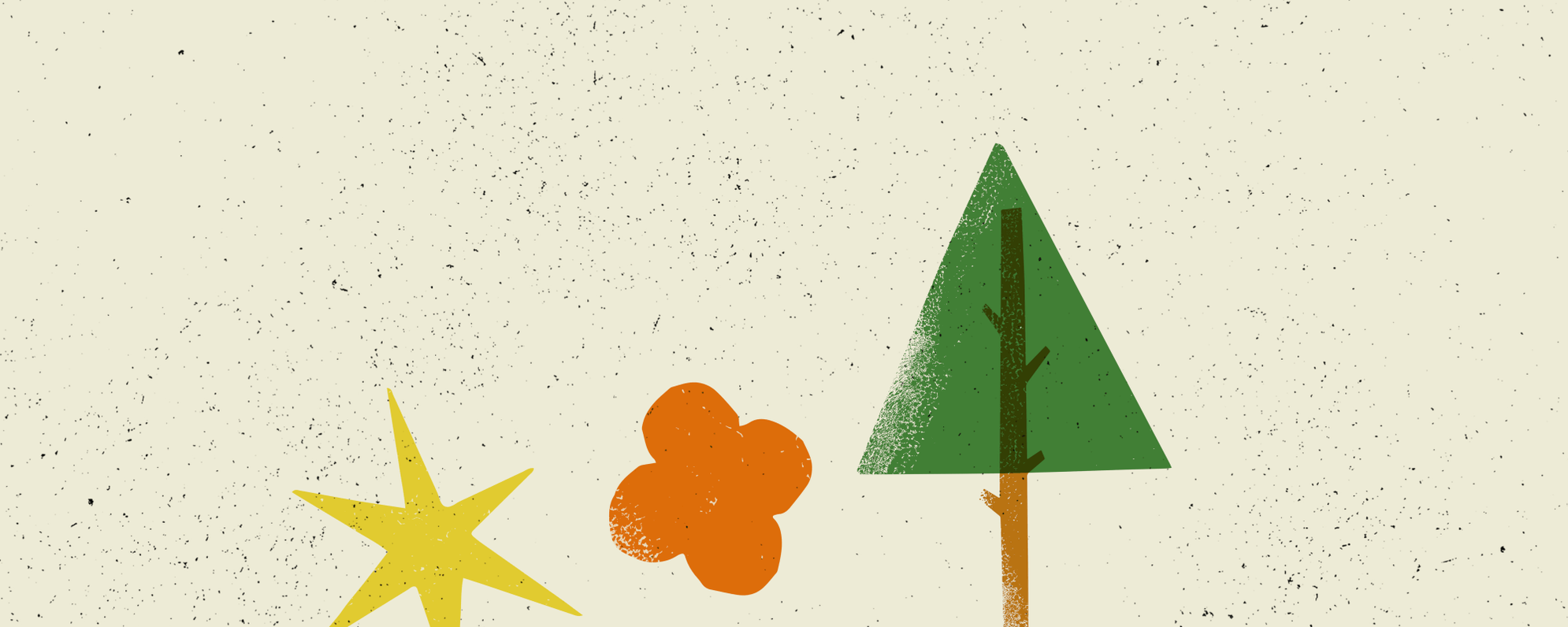 Fun stylised art print of a star, a flower and a tree on a cream background.
