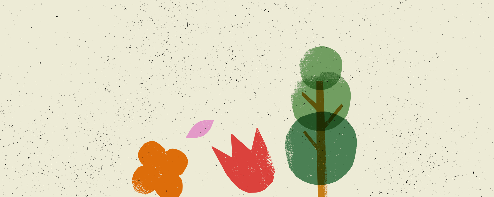 Fun stylised art print of a round flower, a leaf, a tulip and a tree on a cream background.