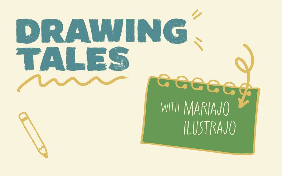 Drawing Tales with Mariajo Ilustrajo. Illustration of a green notepad and pen.