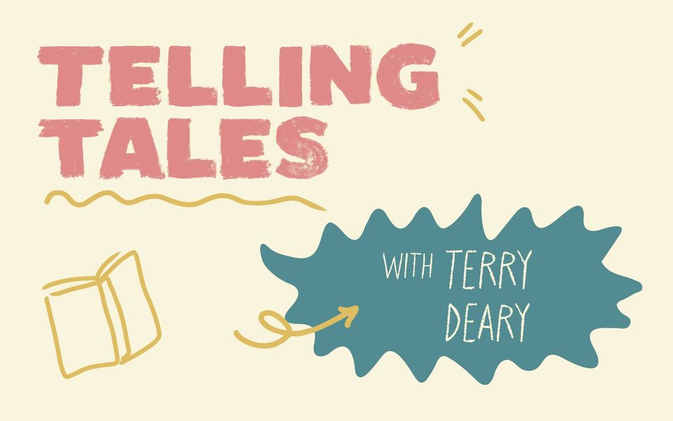 Telling Tales with Terry Deary. Illustration of a book and spiky blue bubble.