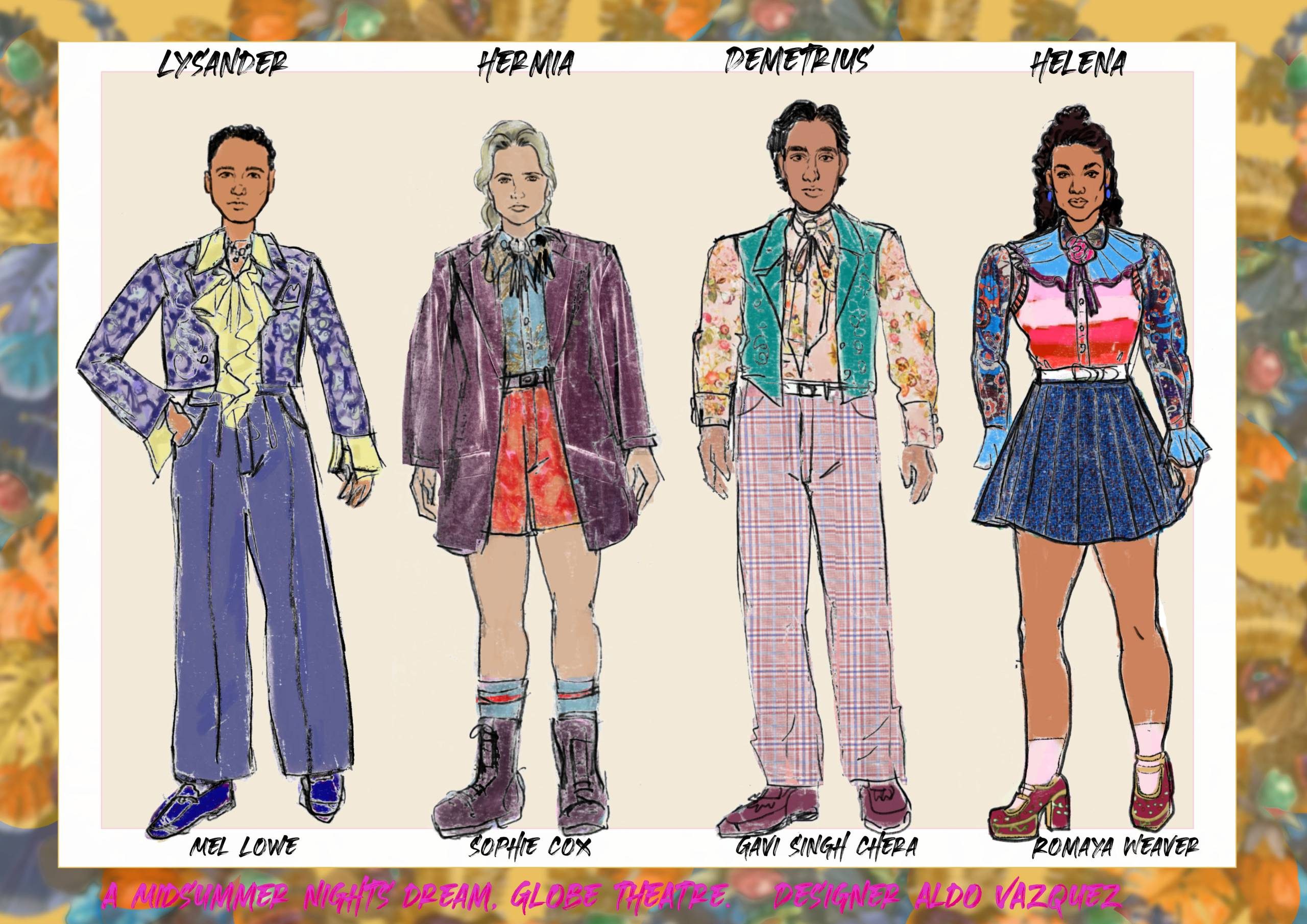 A sketch of four people wearing multi-coloured, floral clothing.