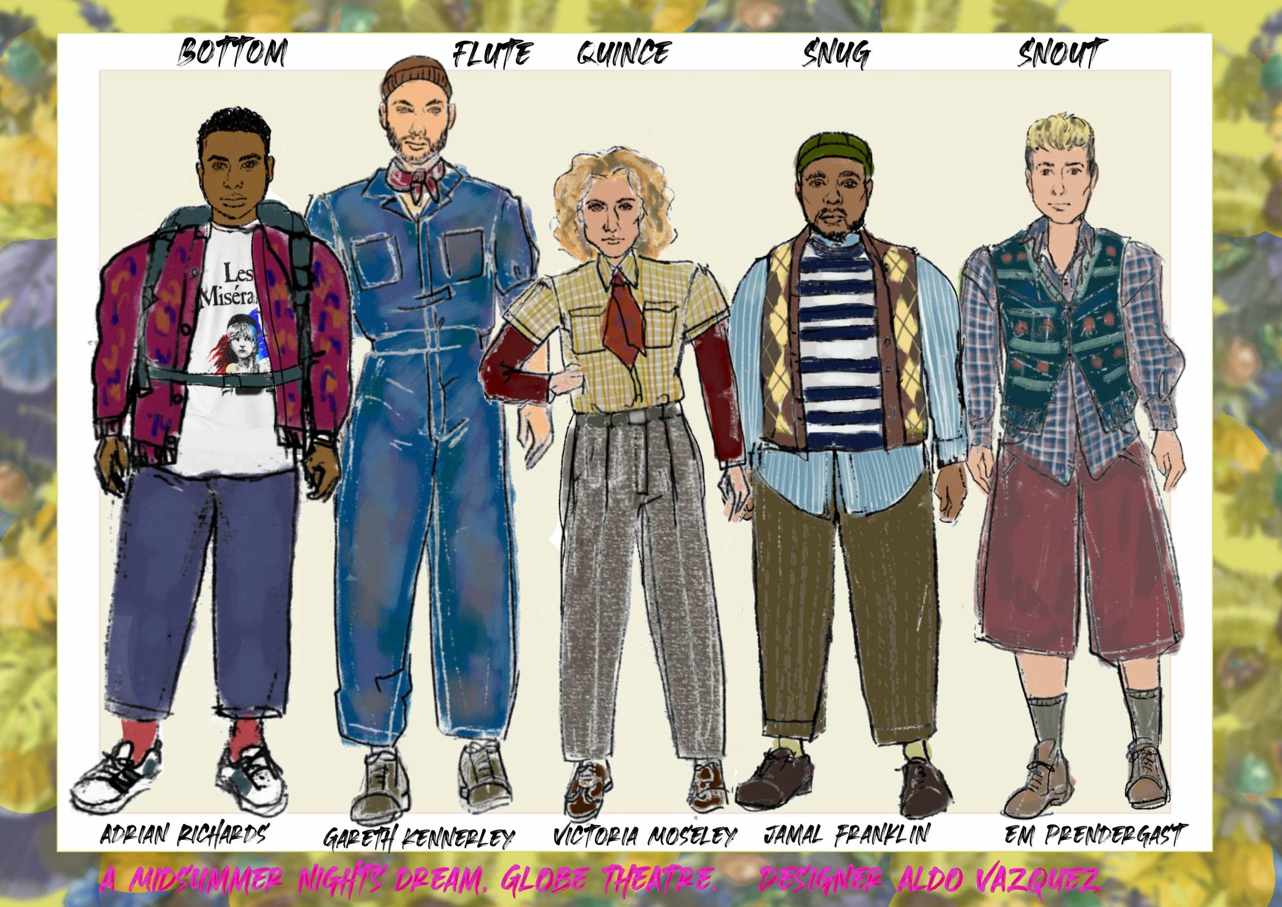 A sketch of five people wearing multi-coloured outfits.