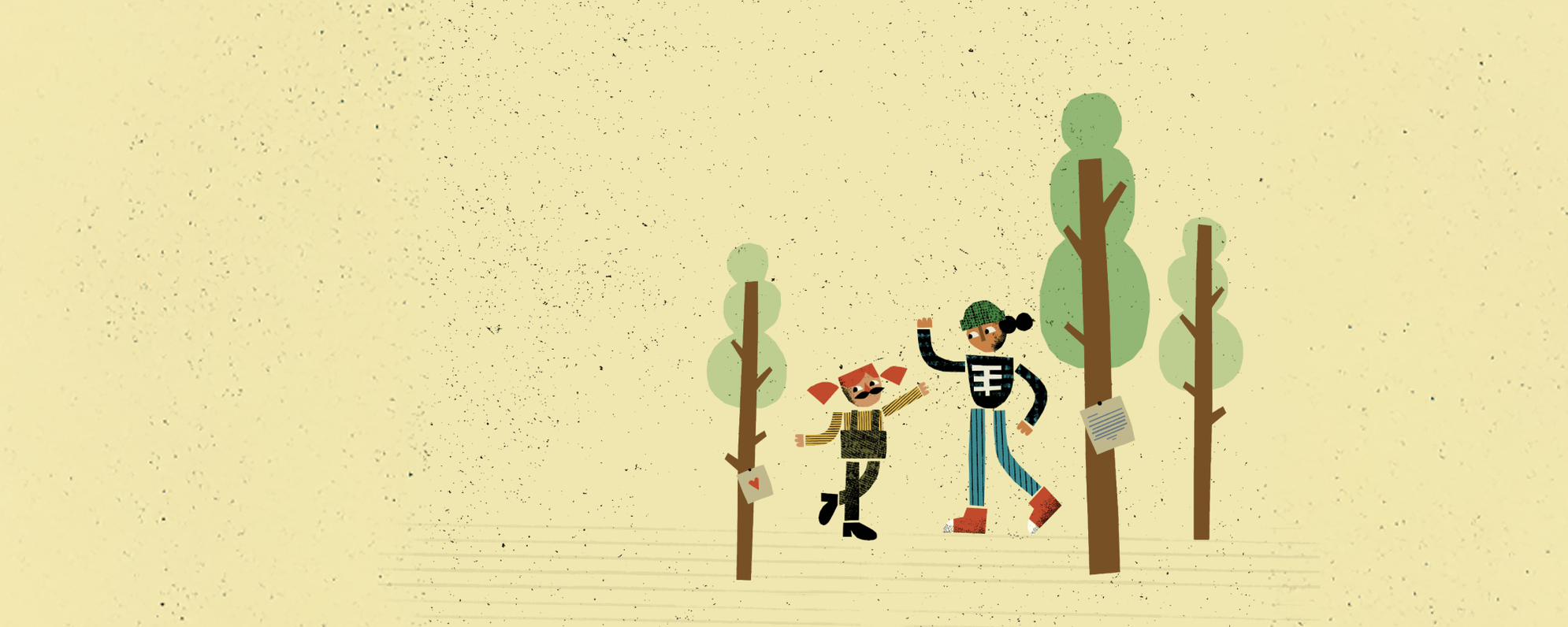 Illustration of two people playing in the woods.