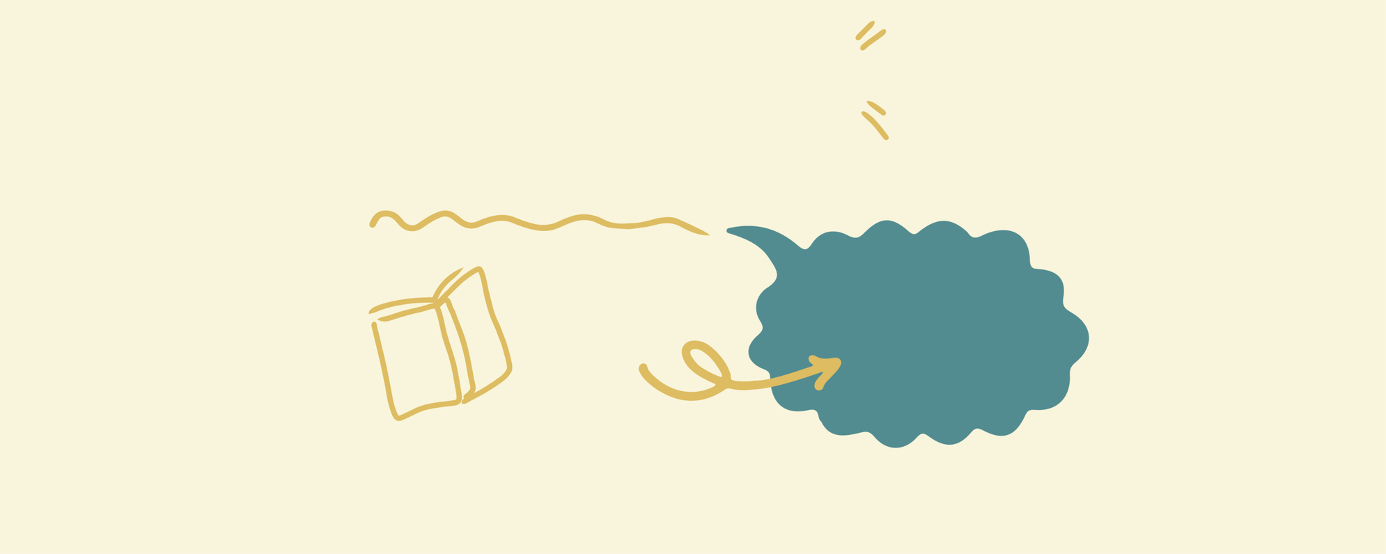 Cream background with a book illustration and a blue speech bubble.