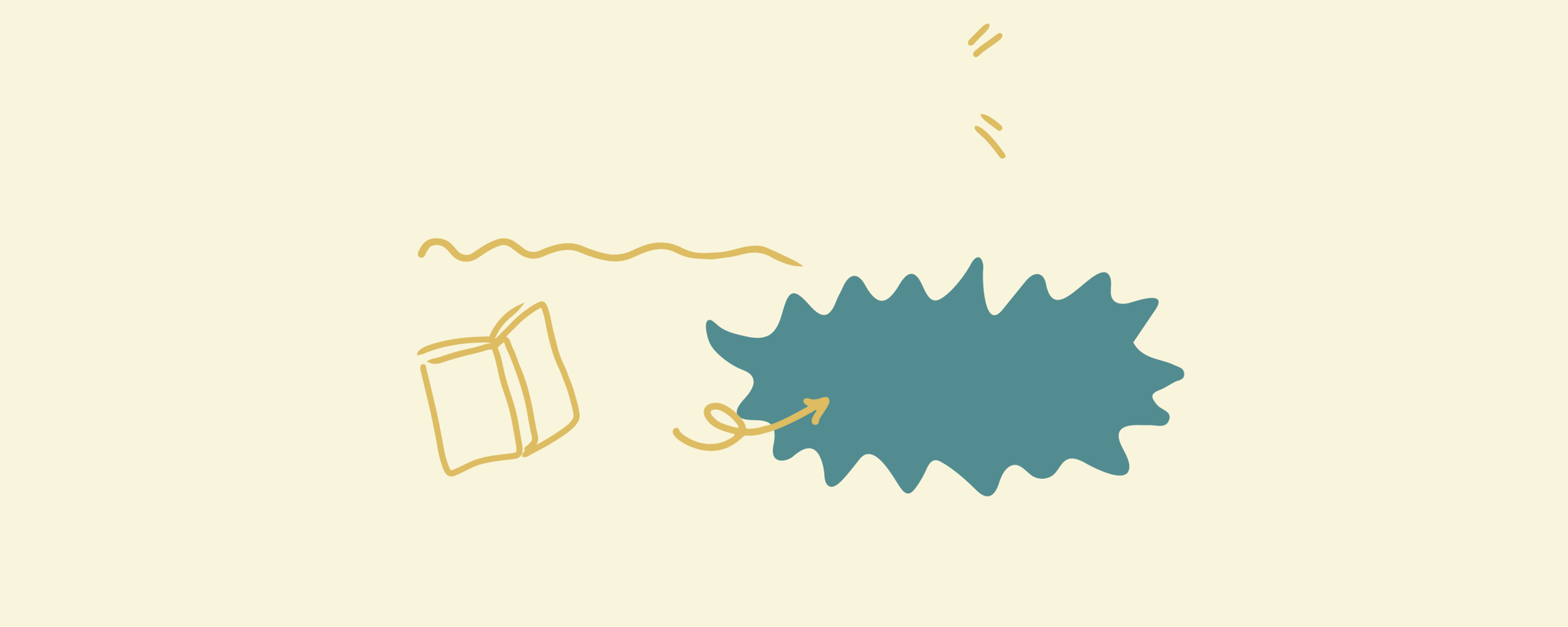 Illustration of a book and a blue spiky bubble on a cream background.