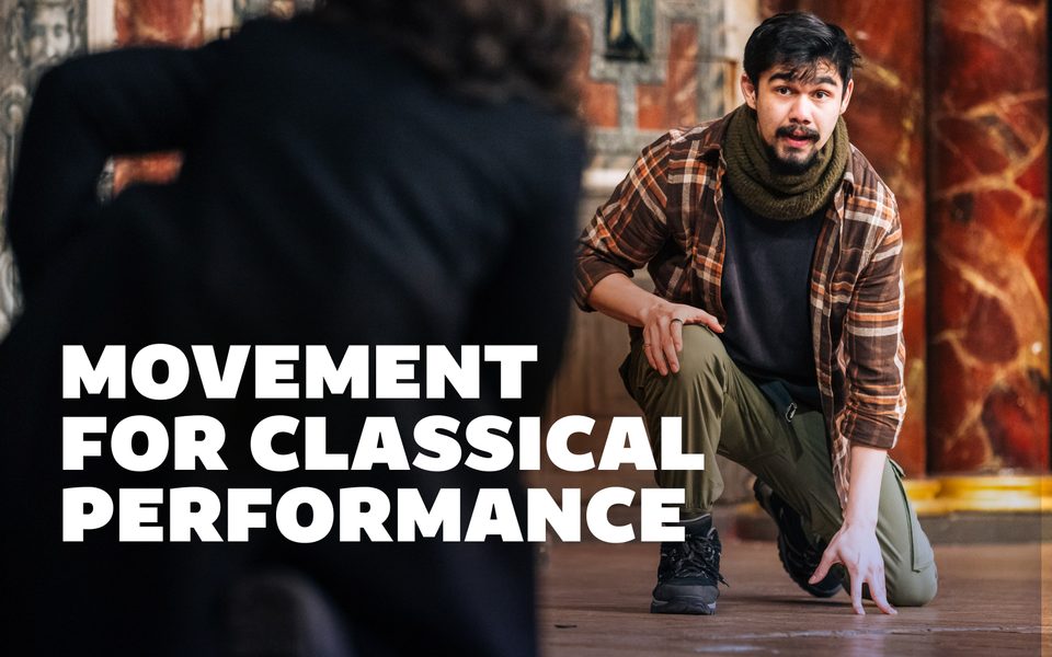 Movement for classical performance. Person crouching on stage