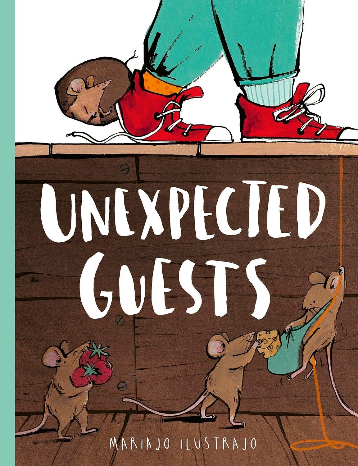 Unexpected Guests. Mariajo Illustrajo. An illustration of two feet walking across a floor and three mice beneath the floor boards.