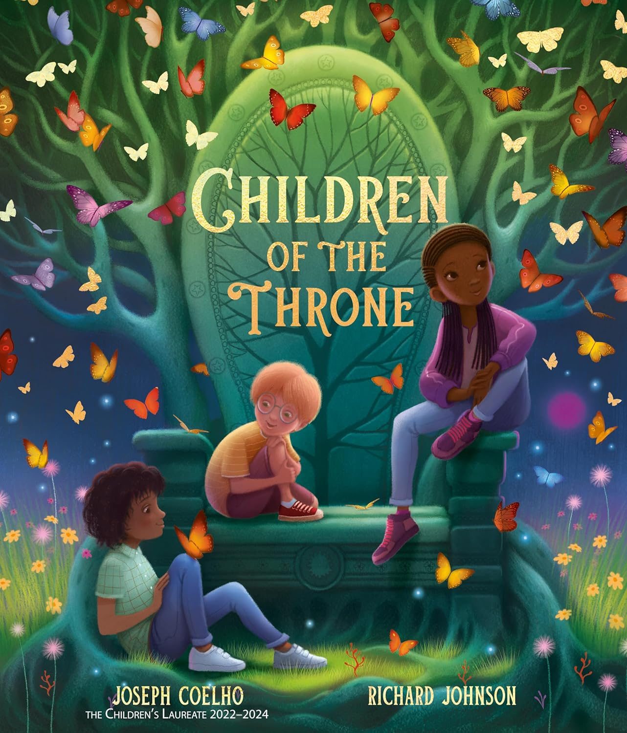 Children of the Throne by Joseph Coelho, the Children's Laureate 2022-2024. Illustrated by Richard Johnson. Illustration of three children sat around a large throne with a tree on it and surrounded by colourful butterflies.